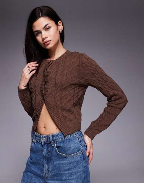 The Frolic exclusive cotton rich cable knit split front cardigan in chocolate - view 1