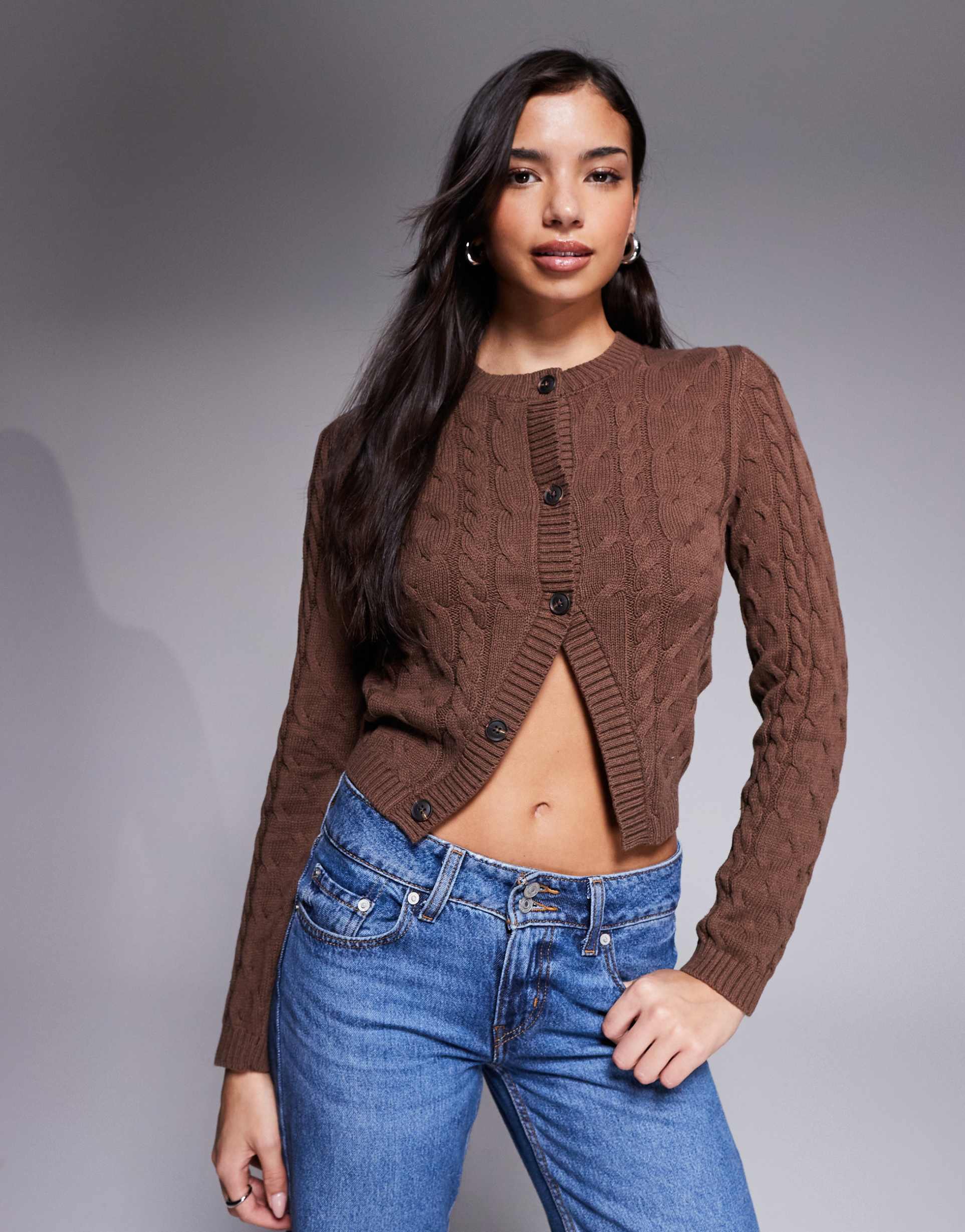 the frolic exclusive cotton rich cable knit split front cardigan in chocolate