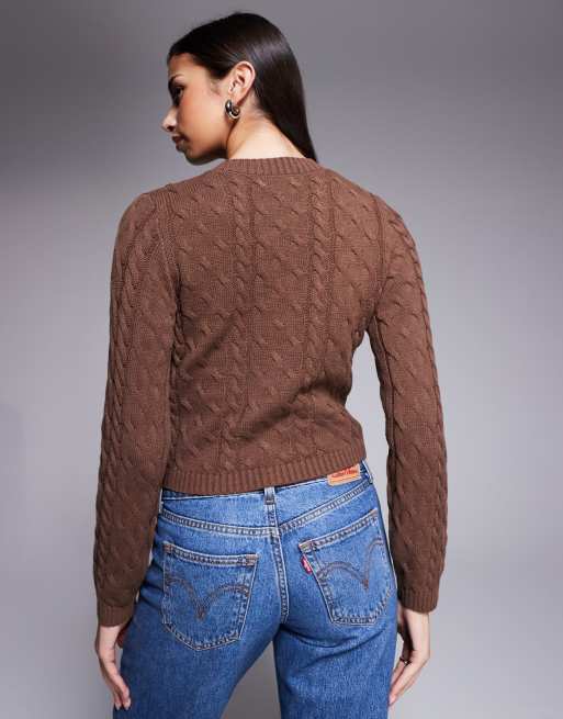 The Frolic exclusive cotton rich cable knit split front cardigan in chocolate, 4 of 4