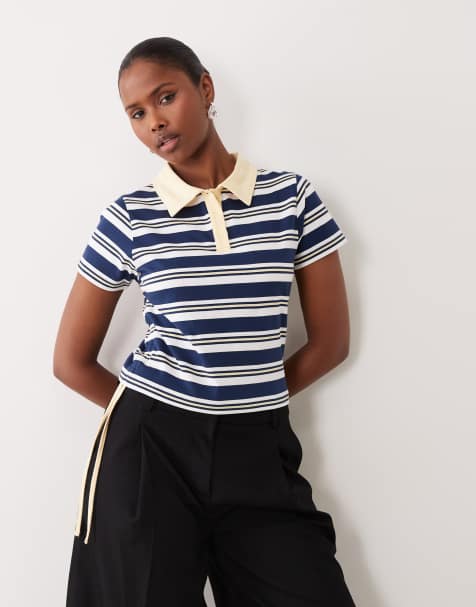 The Frolic exclusive cotton rich collared ruched side polo top in navy & white stripes - view 1