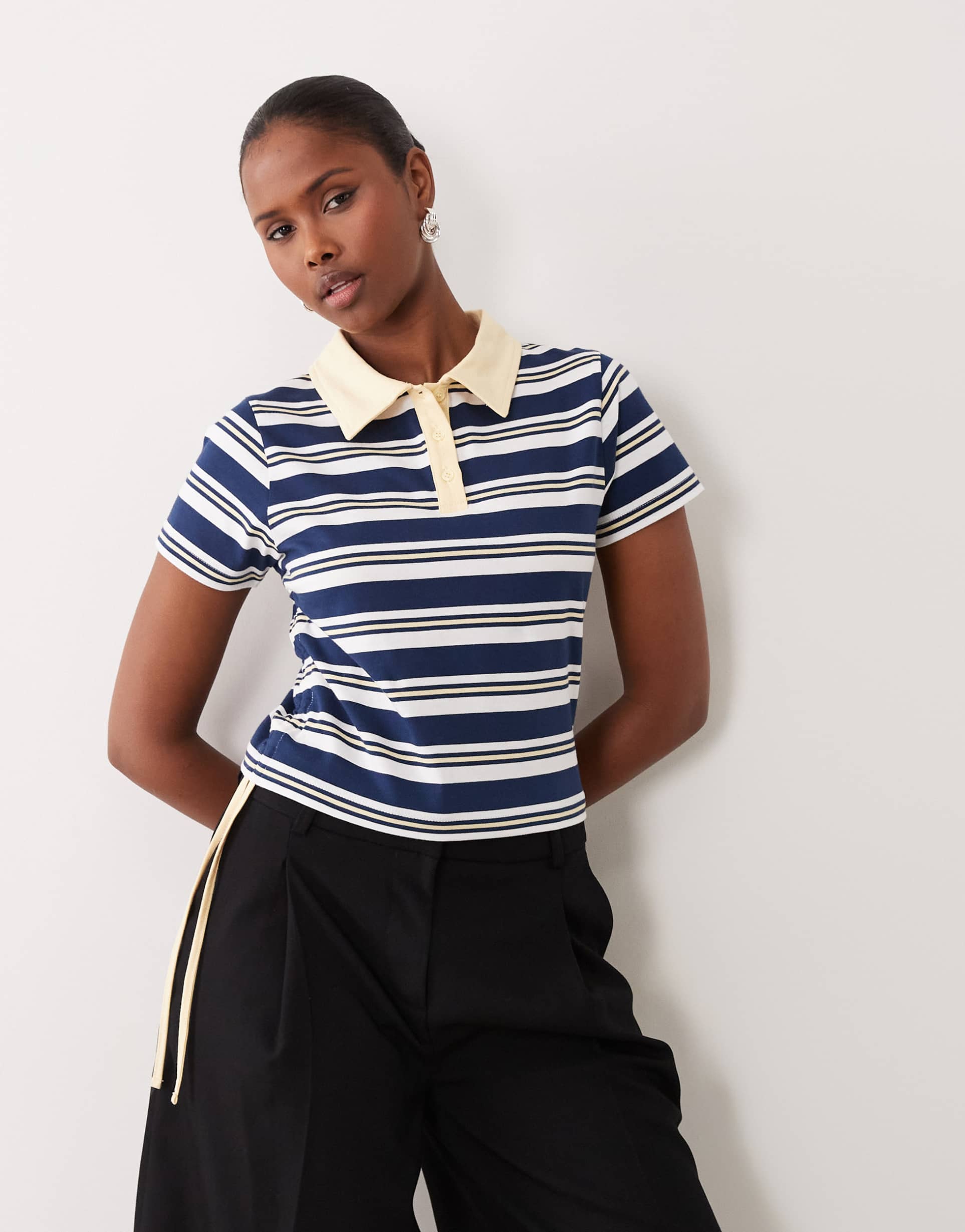 the frolic exclusive cotton rich collared ruched side polo top in navy & white stripes