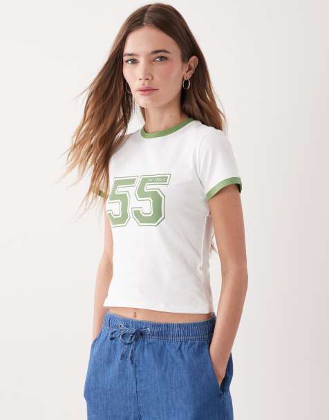 The Frolic exclusive cotton rich contrast trim varsity graphic front baby tee in white - view 1