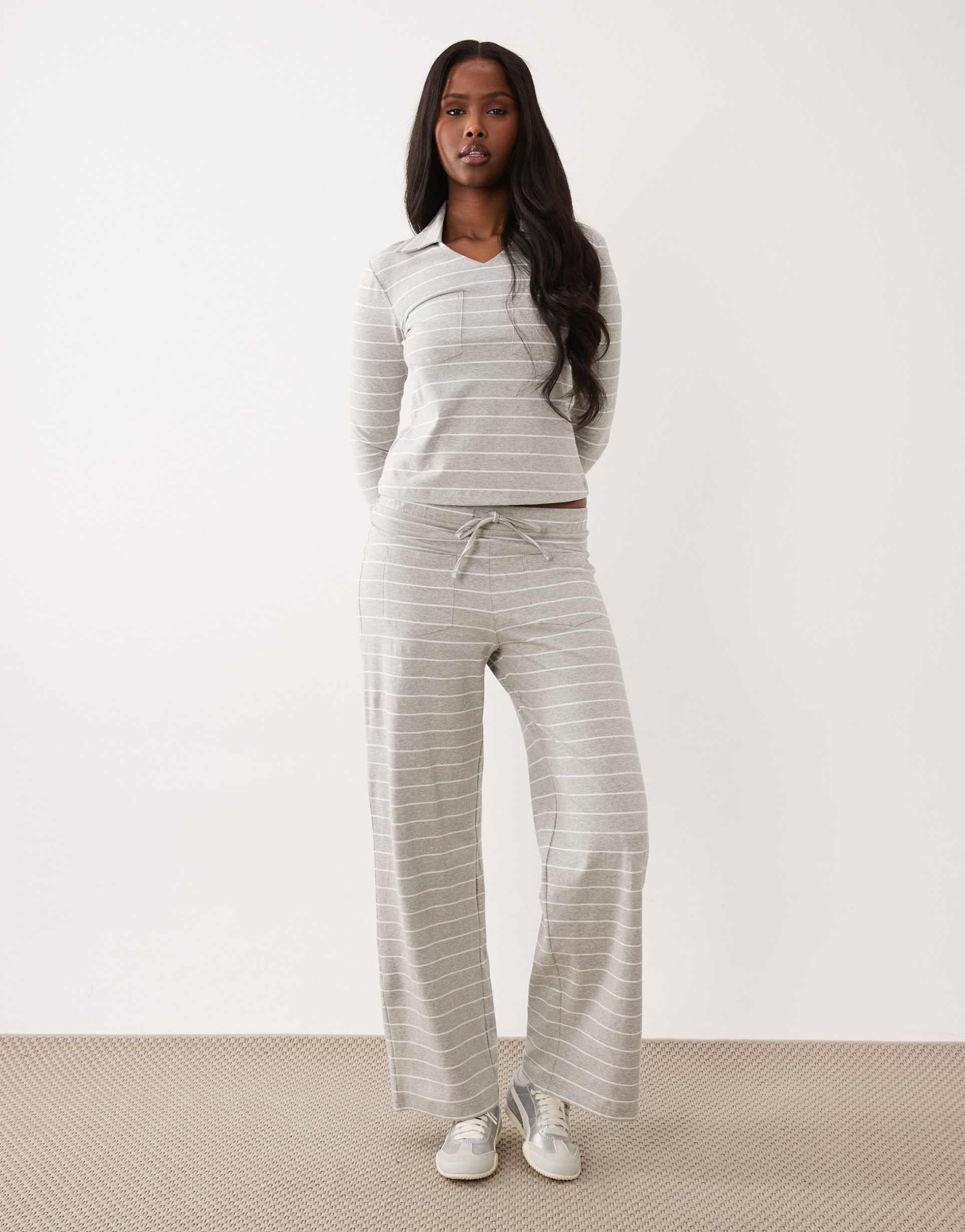 the frolic exclusive cotton rich drawstring waist pocket front wide leg pants in gray stripes - part of a set