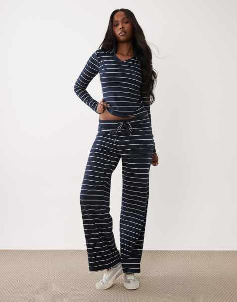 The Frolic exclusive cotton rich drawstring waist pocket front wide leg pants in navy stripes - part of a set - view 1