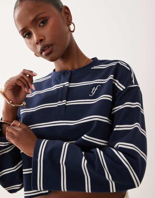 The Frolic exclusive cotton rich long sleeve button down top in blue stripe, 3 of 4
