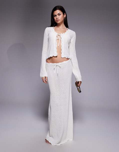 The Frolic exclusive cotton rich open crochet scallop edge tie front maxi beach skirt co-ord in cream - view 1