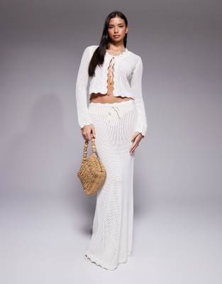 The Frolic exclusive cotton rich open crochet scallop edge tie front maxi beach skirt in cream – part of a set-White