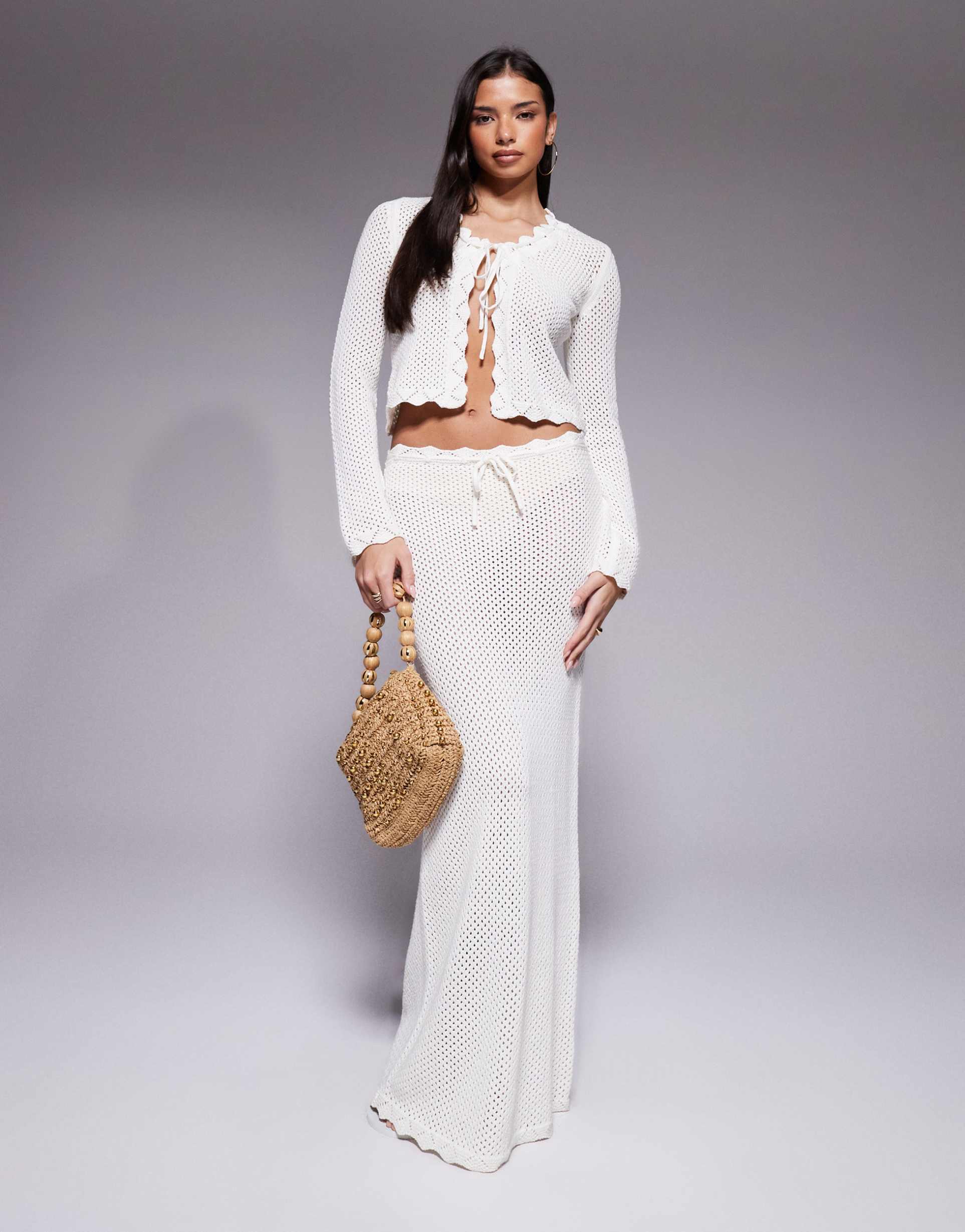 the frolic exclusive cotton rich open crochet scallop edge tie front maxi beach skirt in cream - part of a set
