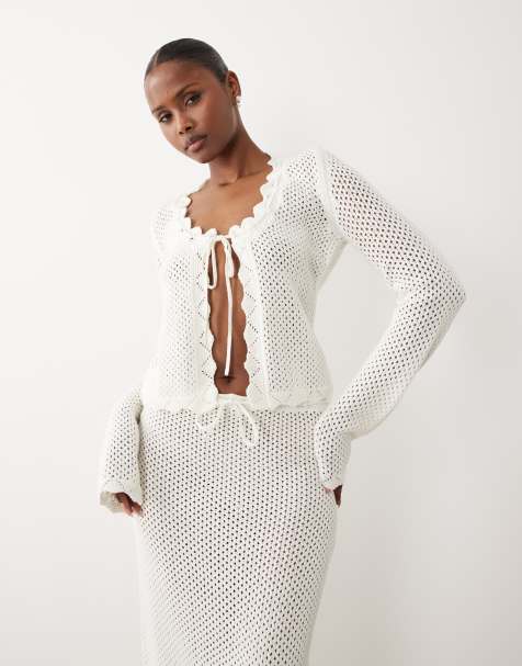 The Frolic exclusive cotton rich open crochet scallop edge tie split front long sleeve beach top co-ord in cream