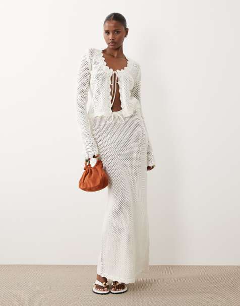 The Frolic exclusive cotton rich open crochet tie split front long sleeve beach top andskirt co-ord in cream - view 1