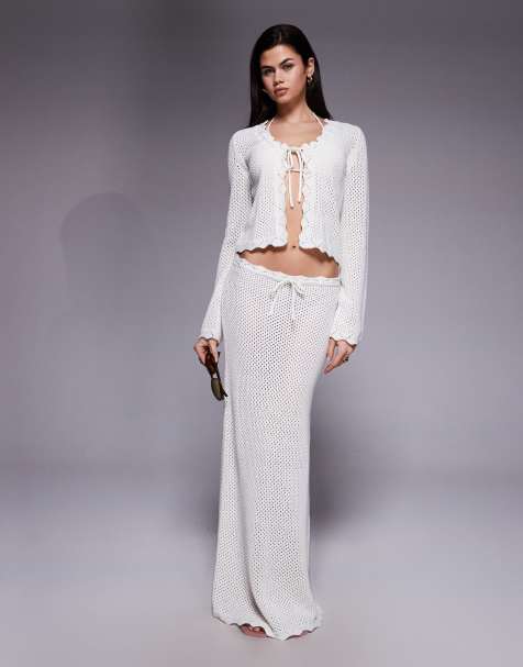 The Frolic exclusive cotton rich open crochet tie split front long sleeve beach top andskirt set in cream - view 1