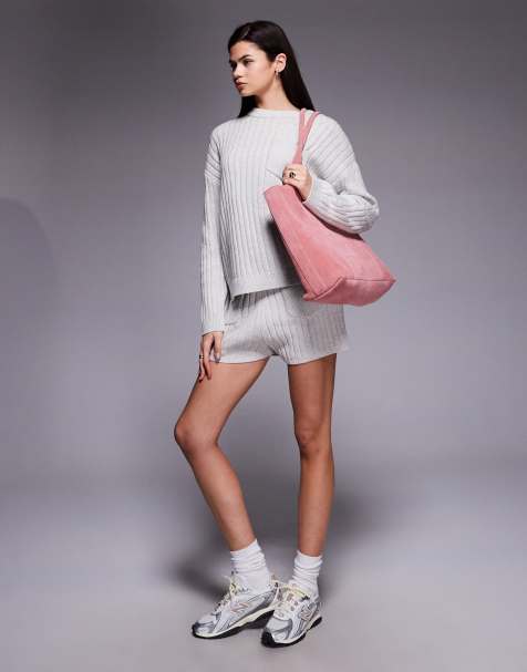 The Frolic exclusive cotton rich ribbed knit pocket front jumper and micro short co-ord in grey - view 1