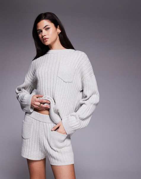 The Frolic exclusive cotton rich ribbed knit pocket front micro short co-ord in grey - view 1