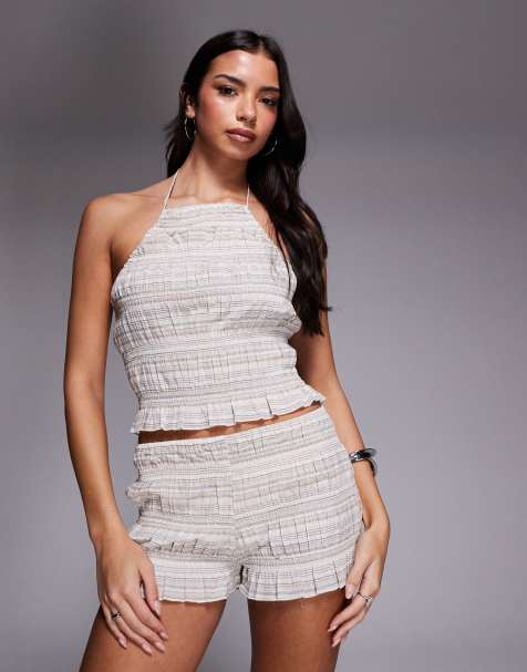 The Frolic exclusive cotton rich shirred high neck halterneck sleeveless top co-ord in cream multi stripe - view 1