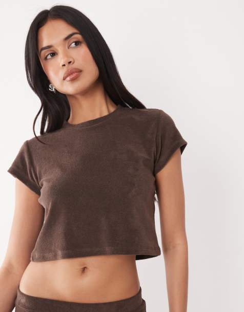 The Frolic exclusive cotton rich towelling cropped t-shirt co-ord in chocolate - view 1