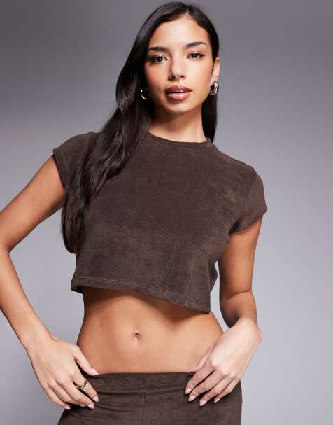 The Frolic exclusive cotton rich towelling cropped t-shirt in chocolate (part of a set) - view 1