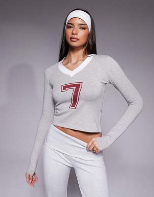 The Frolic Exclusive Cotton Rich V Neck Contrast Trim Varsity Number Graphic Long Sleeve Top In Gray