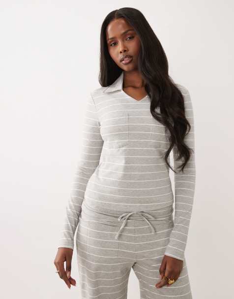 The Frolic exclusive cotton rich v-neck pocket front long sleeve top in gray stripes - part of a set - view 1