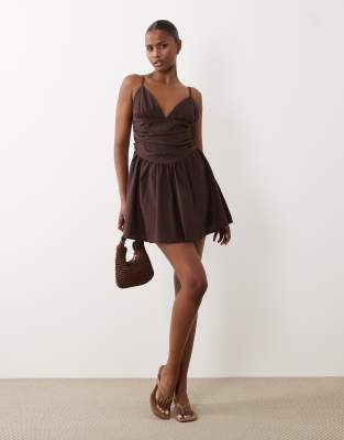 The Frolic exclusive cotton ruched waist full skirt cami mini dress in chocolate-Brown