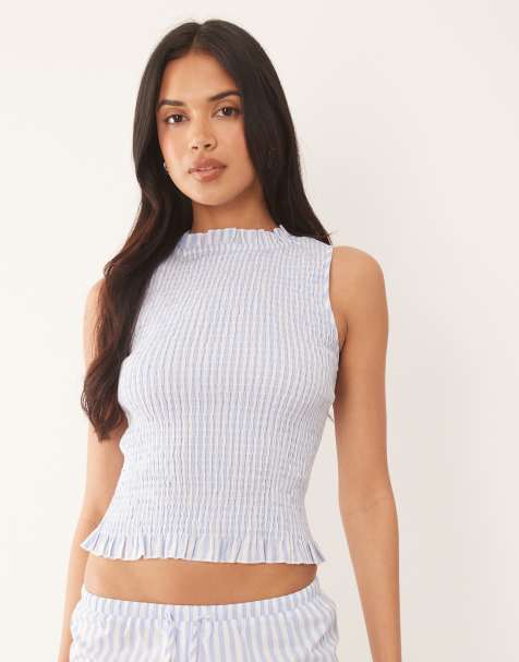 The Frolic Exclusive cotton shirred sleeveless top in blue stripe - part of a set - view 1