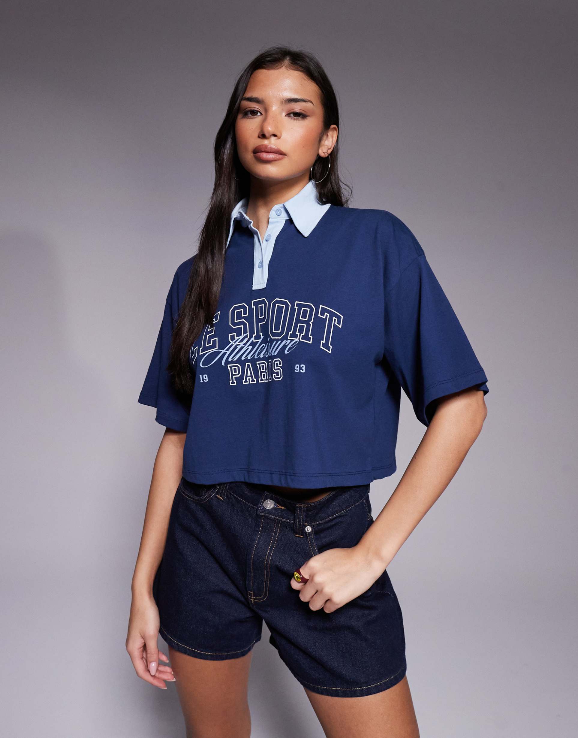 the frolic exclusive cotton 'sport' graphic contrast collar cropped polo top in navy