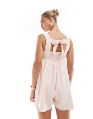 The Frolic Exclusive Cotton Square Neck Lace Trim Bow Embroidered Tie Back Floaty Romper In Pink