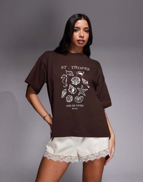 The Frolic exclusive cotton 'St Tropez' shell front graphic oversized T-shirt in chocolate - view 1