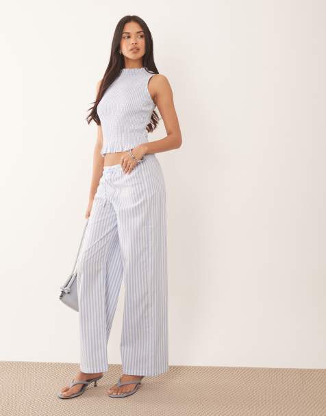 The Frolic exclusive cotton wide leg tie waist wide leg trouser co-ord in blue stripe - view 1