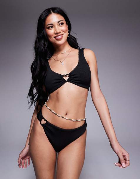 The Frolic exclusive crinkle high leg heart detail bikini bottom co-ord in black - view 1
