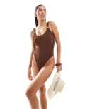 [The Frolic] The Frolic exclusive crinkle high leg swimsuit with tortoise ring detail in brown 6 Brown