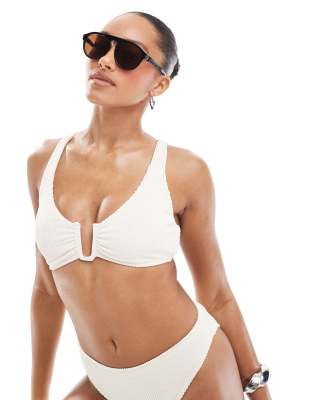 exclusive crinkle textured u-detail bikini top in cream - part of a set-White