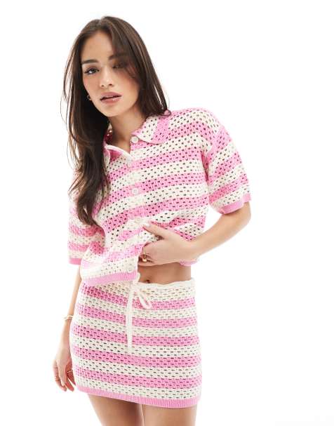 The Frolic exclusive crochet button up cropped shirt in pink and cream stripe - part of a set - view 1
