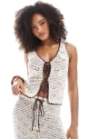 [The Frolic] The Frolic exclusive crochet knitted contrast trim tie front beach waistcoat top in cream (part of a set)-White 6 Cream