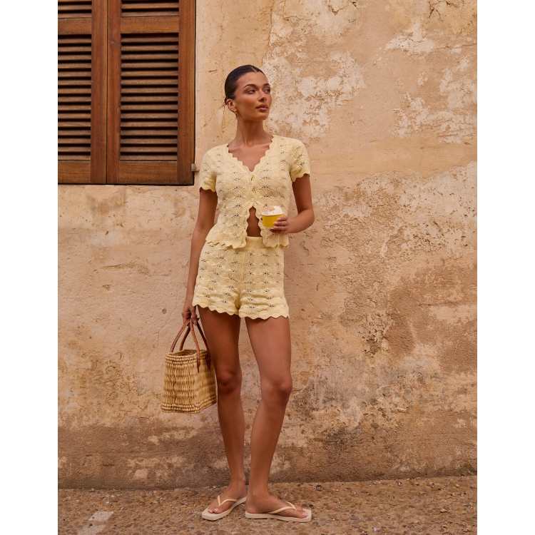 The Frolic exclusive crochet scallop trim mini shorts in lemon