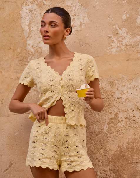 The Frolic exclusive crochet scallop trim split front top in lemon - part of a set - view 1