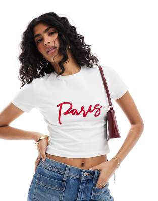 exclusive cropped Paris applique t-shirt in white