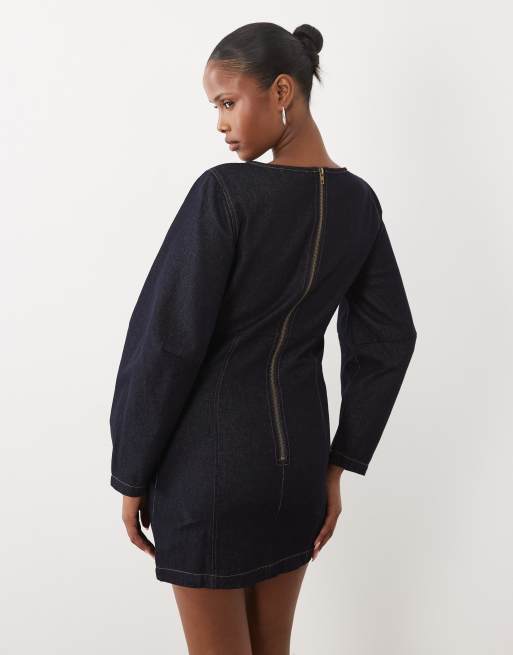 The Frolic exclusive denim cinched waist balloon sleeve mini dress