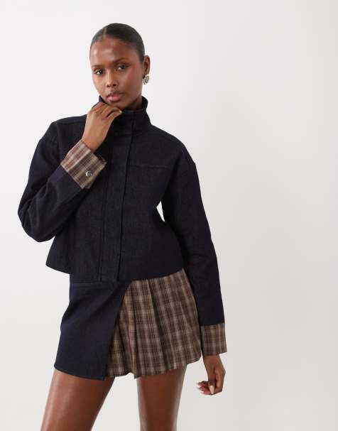 The Frolic exclusive denim funnel neck check contrast sleeve jacket set in dark wash blue - view 1