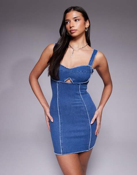 The Frolic exclusive denim raw edge seam detail mini dress in dark blue denim - view 1