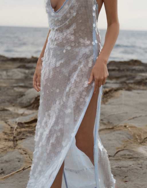 love&lemonade split thigh sheer maxi sequin mesh dress LOVE&LEMONADE Contrast Mesh Split Thigh Sequin Formal Dress Black Elegant  Long Sleeve Prom Evening Wedding Guest Gown, For Graduation, Dinner Party  Dress Spring