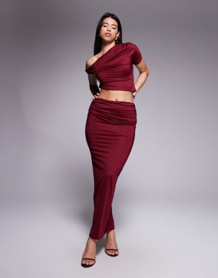 The Frolic Exclusive Double Sculpted Slinky Drape Ruched Front Detail Maxi Skirt Co-ord In Red
