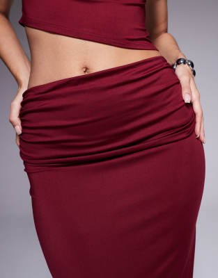 The Frolic Exclusive Double Sculpted Slinky Drape Ruched Front Detail Maxi Skirt Co-ord In Red