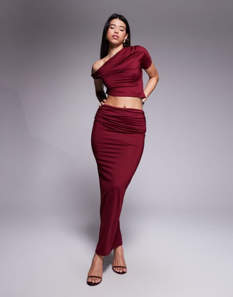 The Frolic exclusive double sculpted slinky drape ruched front detail maxi skirt co-ord in burgundy