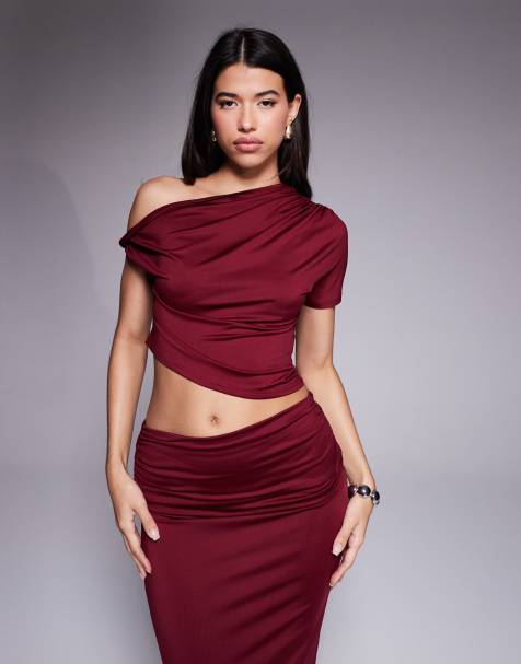 The Frolic exclusive double sculpted slinky off shoulder twist detail asymmetric crop  top co-ord in burgundy - view 1