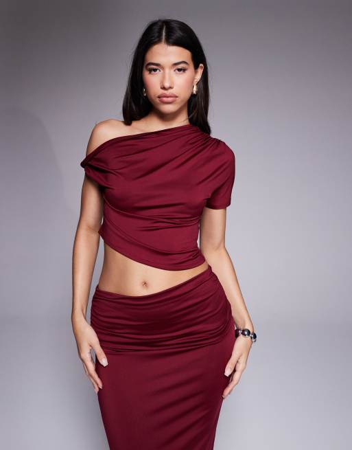 The Frolic exclusive double sculpted slinky off shoulder twist detail asymmetric crop top in burgundy (part of a set)