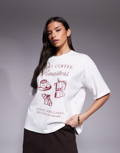 The Frolic exclusive cotton dropped shoulder 'coffee' graphic front oversized t-shirt in cream