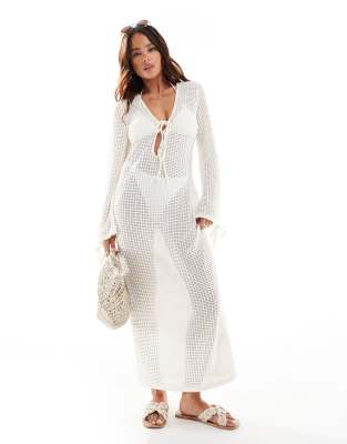 exclusive esmarie tie detail long sleeve maxi beach dress in oat-White