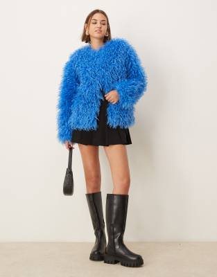 exclusive exclusive oversized mongolian faux fur jacket in cobalt blue