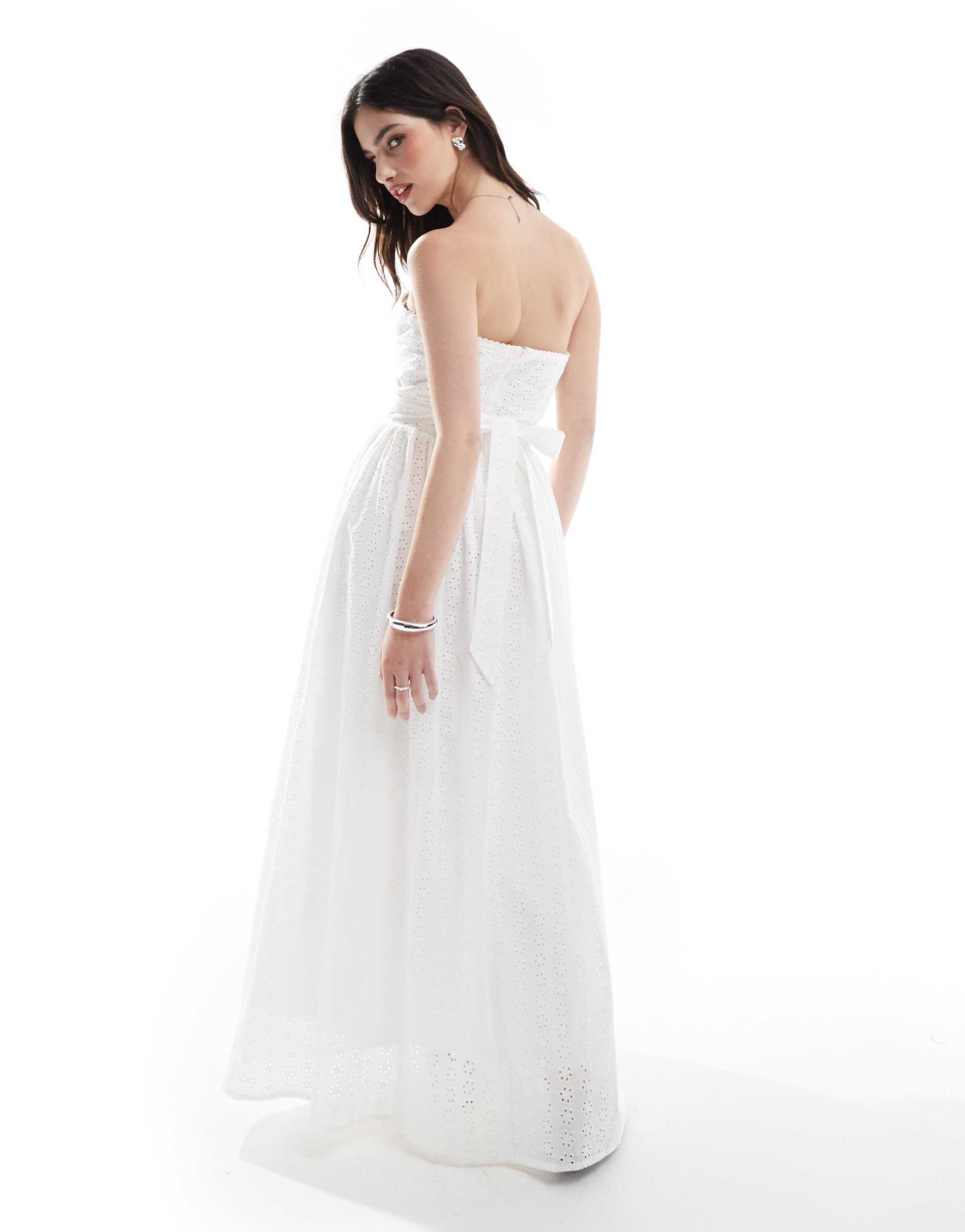 the frolic exclusive eyelet sweetheart bandeau tie back bow detail maxi dress in white