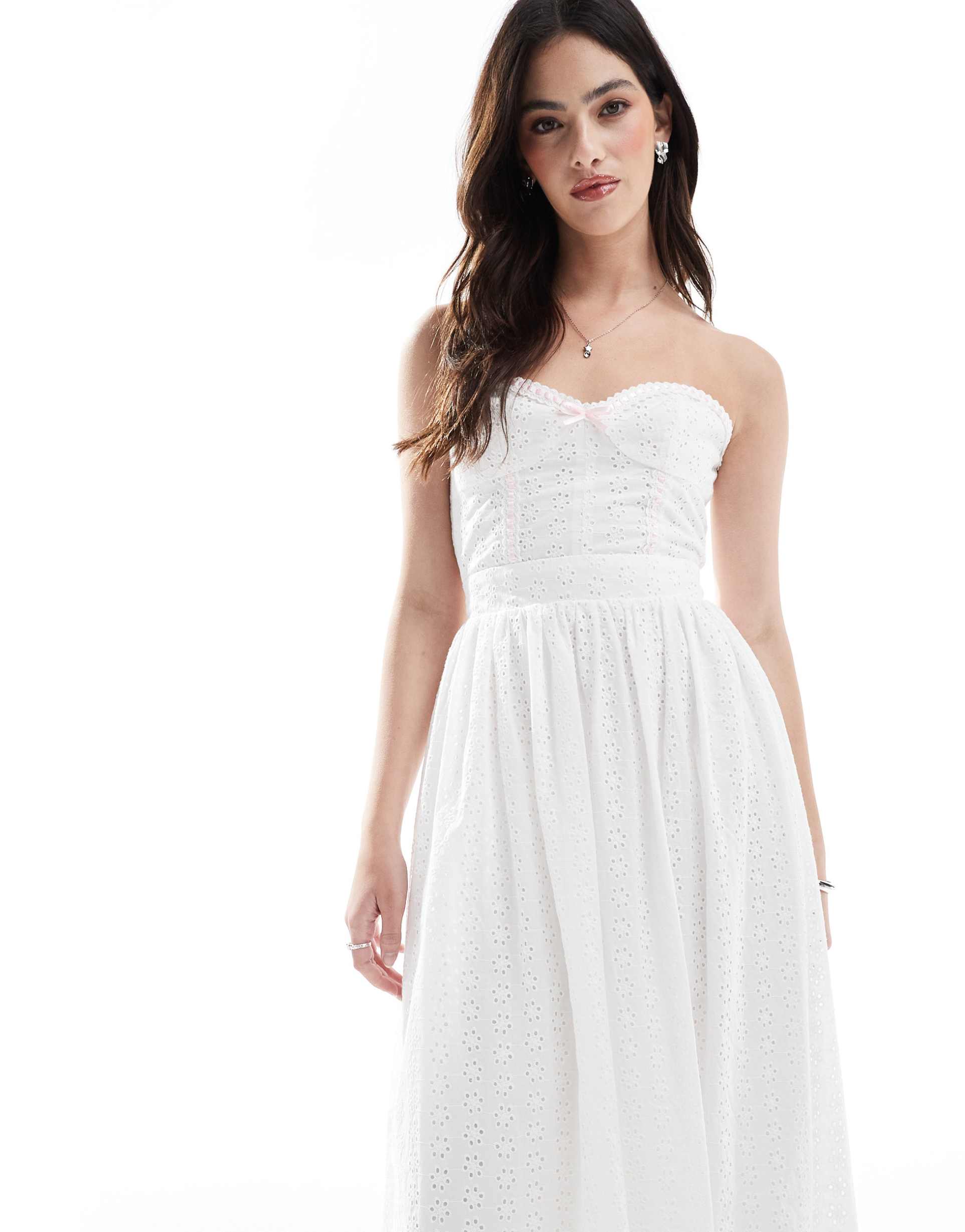 the frolic exclusive eyelet sweetheart bandeau tie back bow detail maxi dress in white